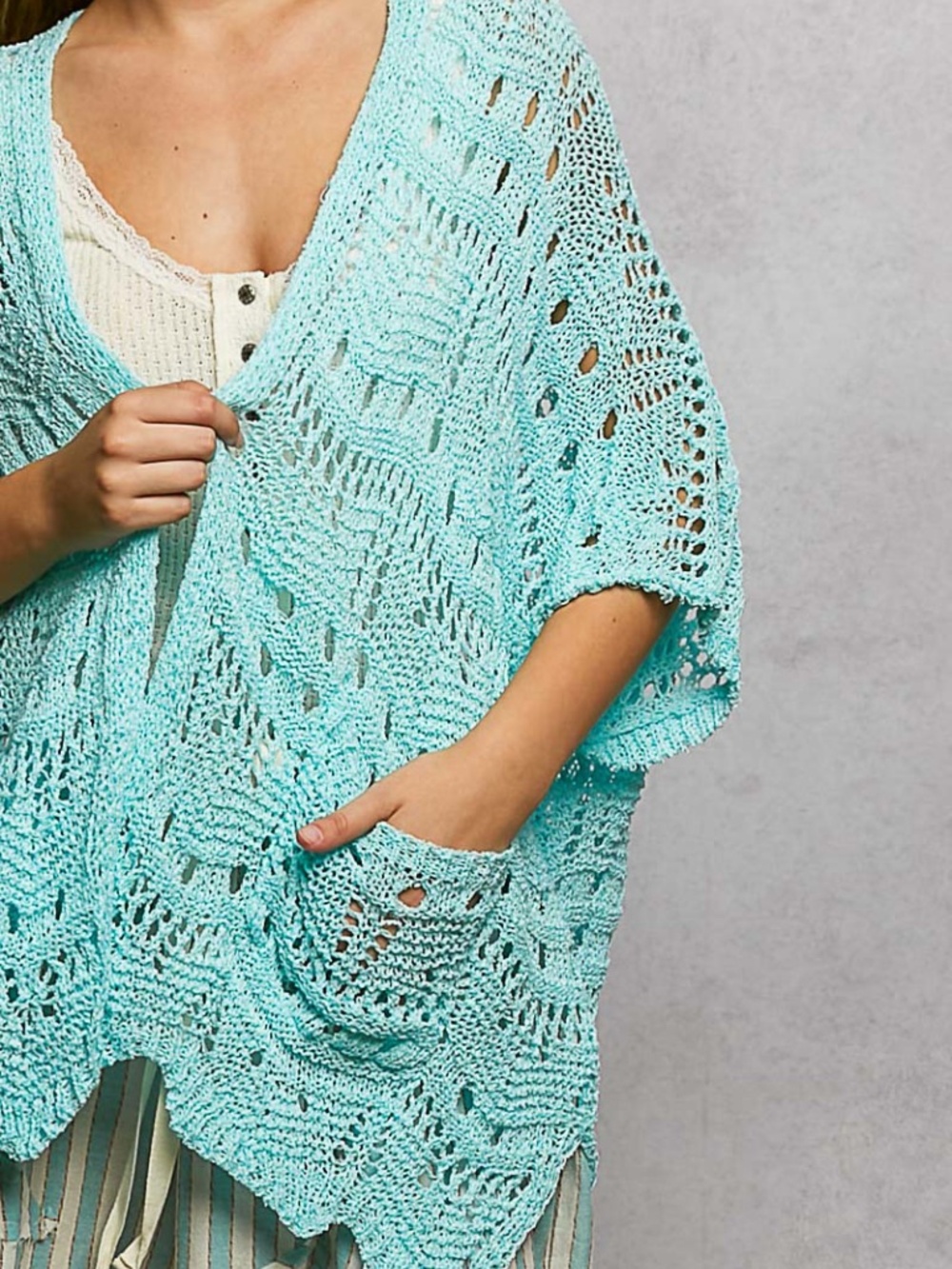 POL Teal Blue Crochet Pockets Open Front Loose Fit cardigan - Picture 6 of 6